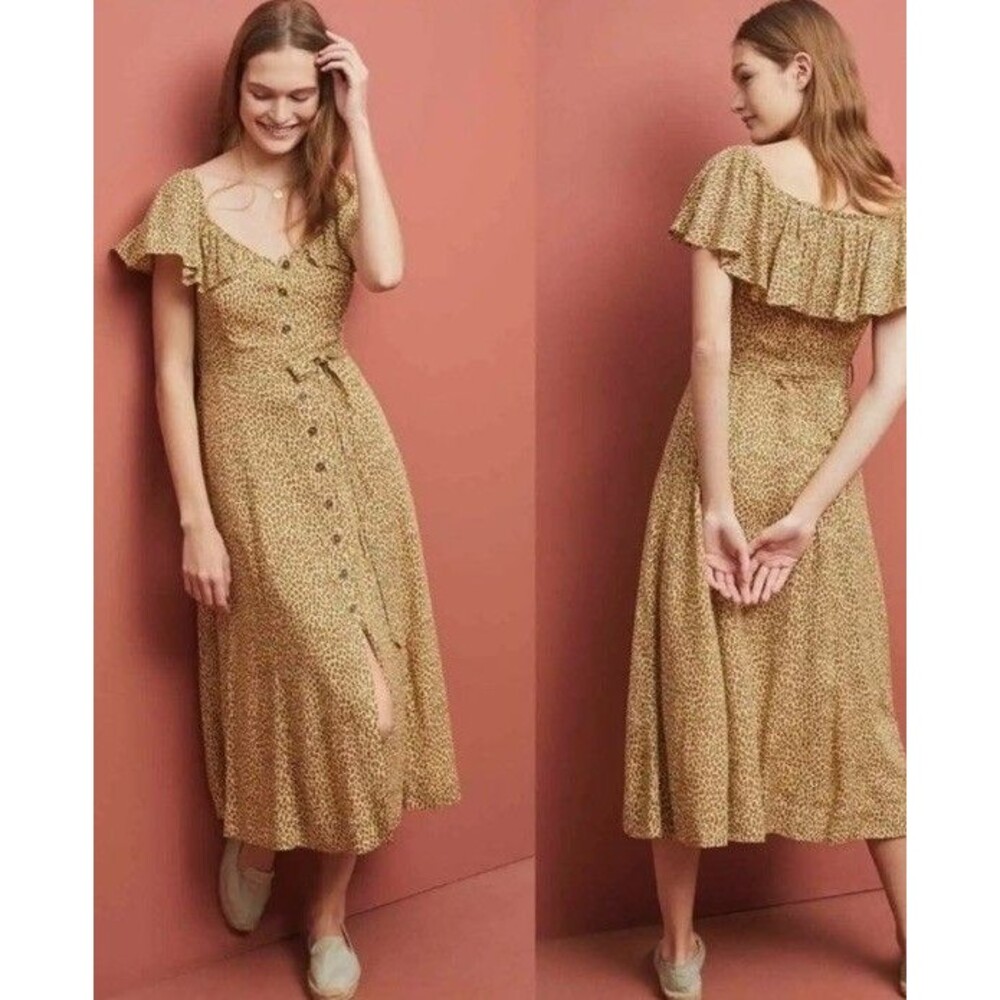 Anthropologie Bolano Leopard Midi Dress Flutter Sleeve Button Front Size 22 - Picture 4 of 8